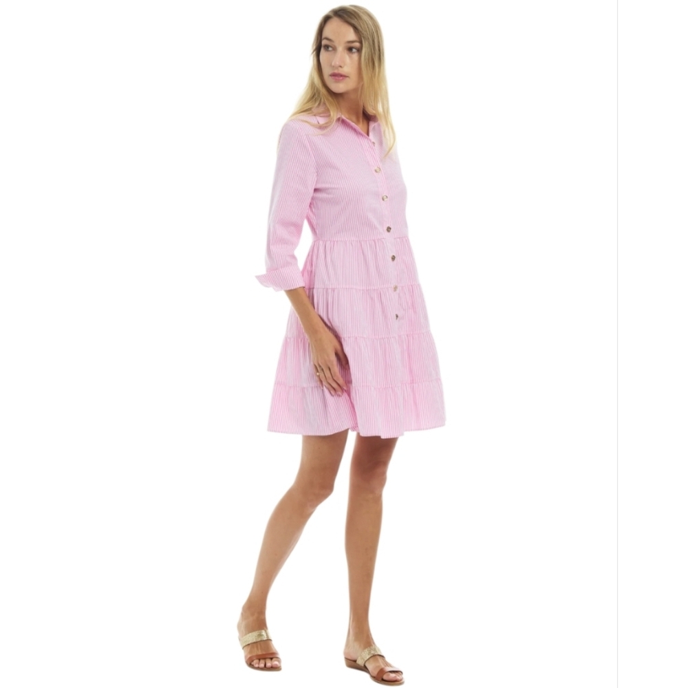 Patty Kim Red White Pinstriped stripes tiered shirt dress Preppy Coastal Breezy